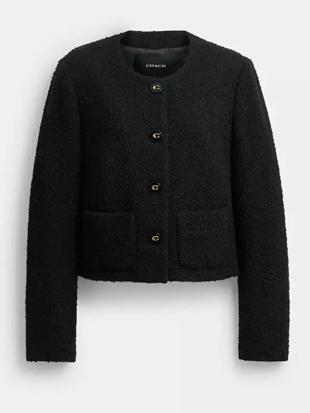 Coach Black Bouclé Cropped Blazer with Gold Buttons